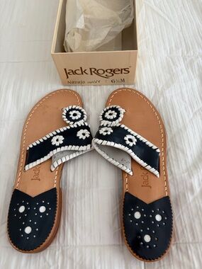 Jack Rogers Navy and White Rondelle Leather Slide Sandals - Brand New